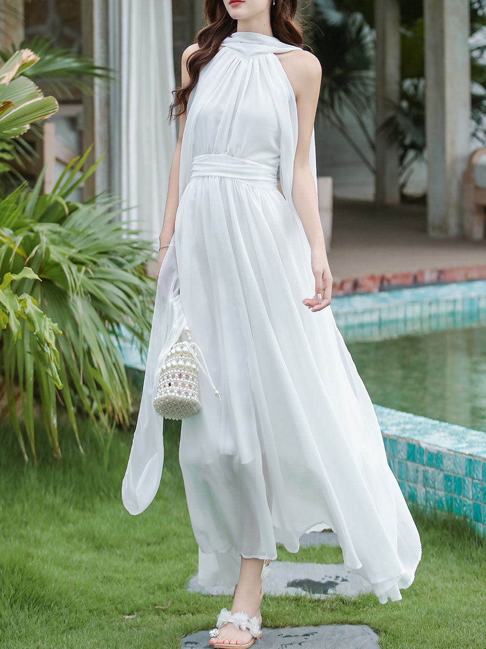 Audrey Hepburn style White Halter Neck Muse Maxi Dress