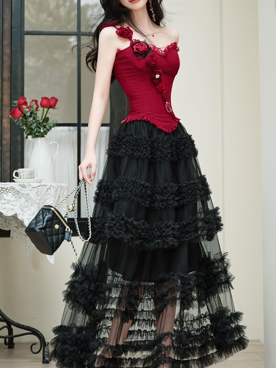 Gothic Red Corset Tiered Tulle Maxi Dress  Rose Asymmetric Ruffle Dark Romantic Party Gown