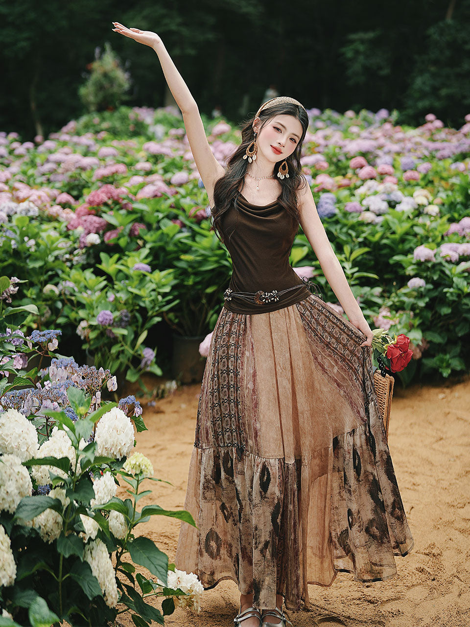Vintage Boho Patchwork Maxi Skirt - Flowy A-Line Tiered Long Skirt for Women