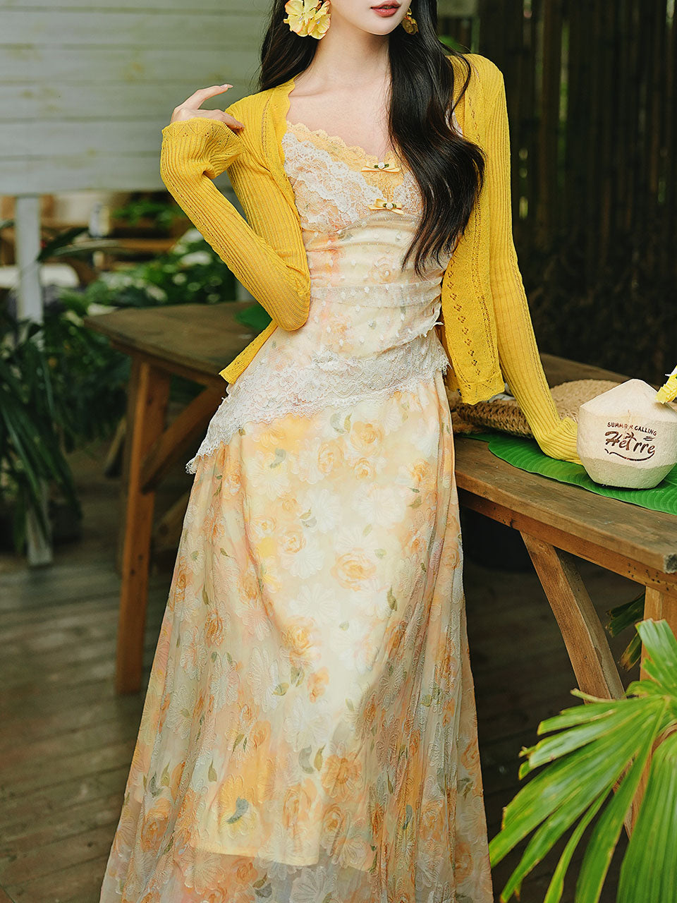 Romantic Yellow Floral Lace Tulle Maxi Dress and Knit Cardigan Set