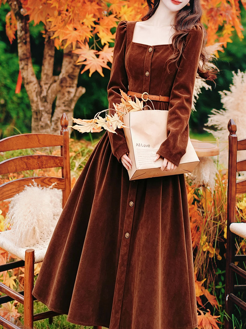 Vintage Brown Velvet Square Neck Puff Sleeve Button-Down Midi Dress