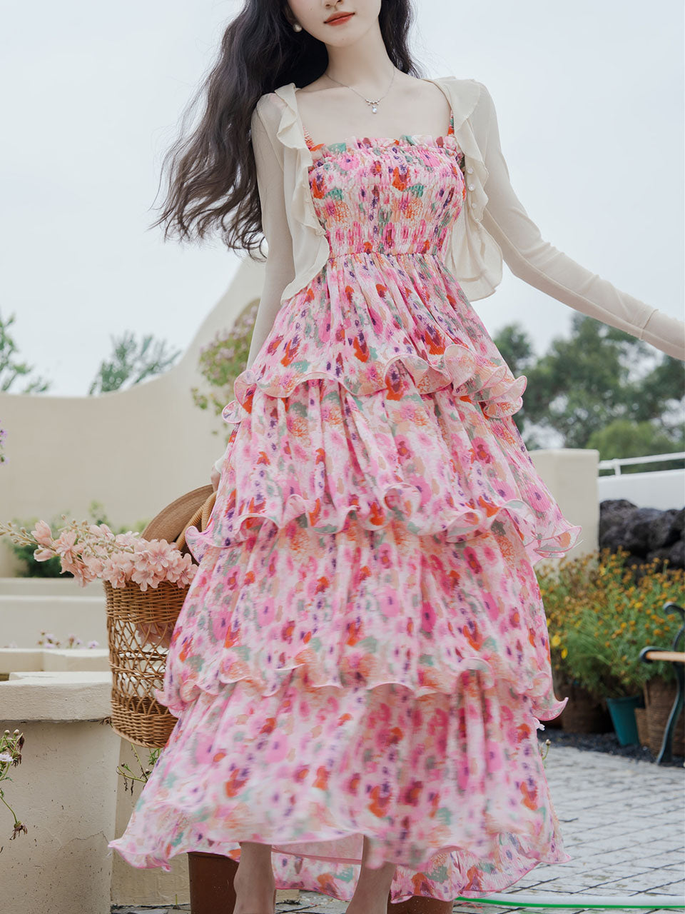 2PS Pink Floral Print Ruffles Strap Dress