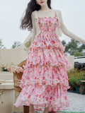 2PS Pink Floral Print Ruffles Strap Dress