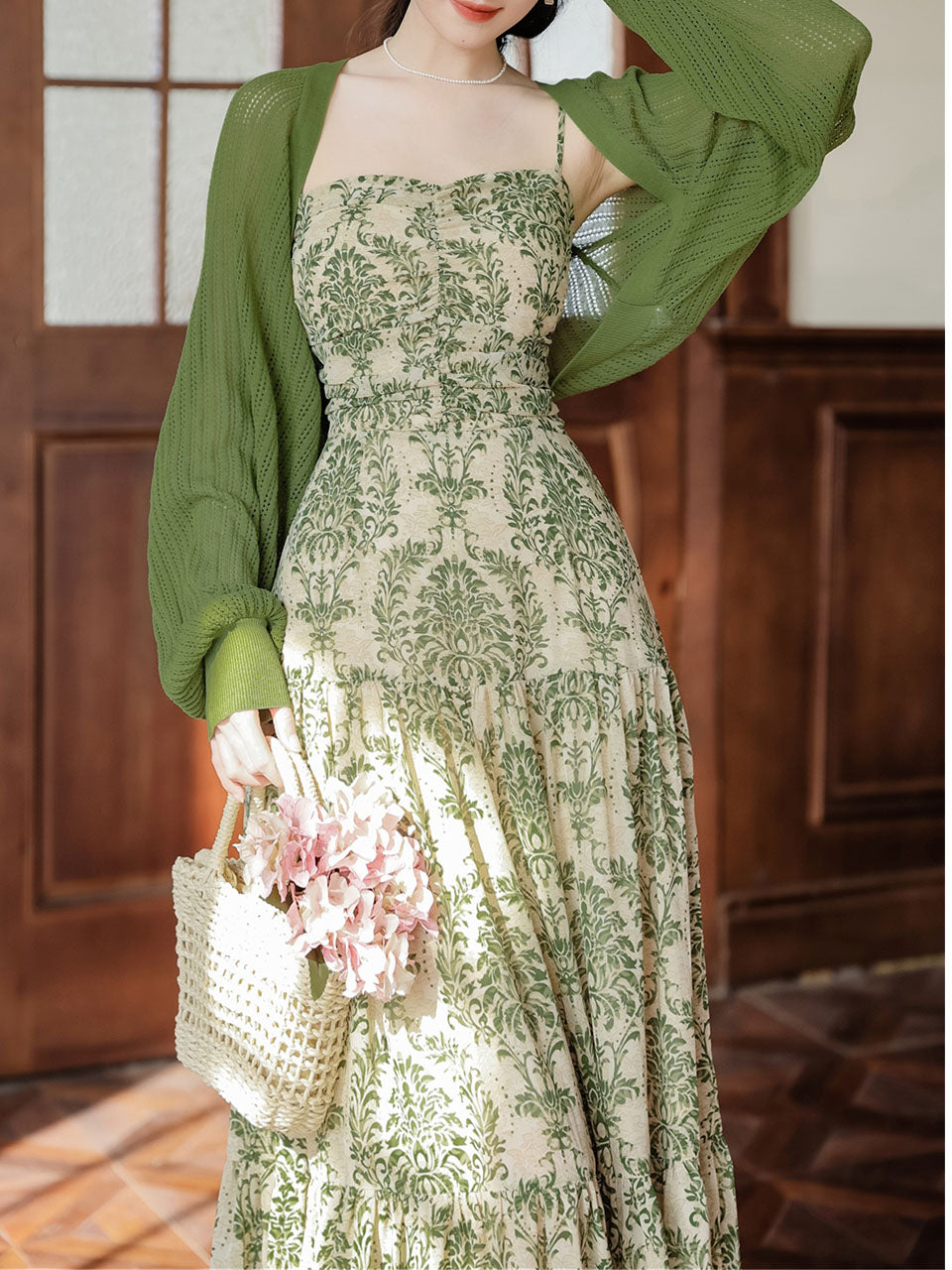 Green Bohemian Floral Print Chiffon Maxi Dress Prom Dress
