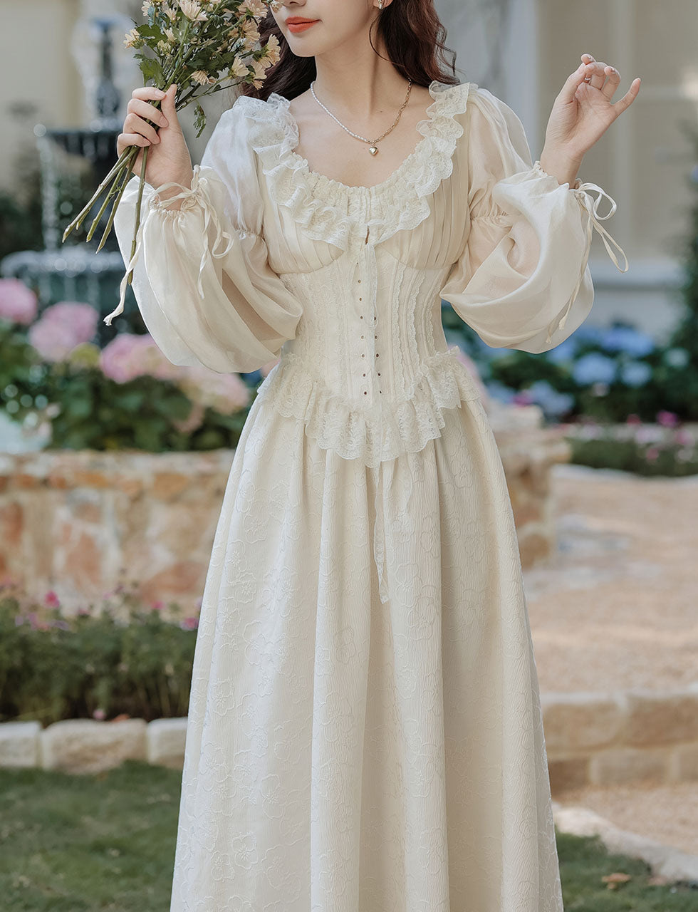 Sweet Victorian Ruffles Corset Long Sleeve Wedding Maxi Dress