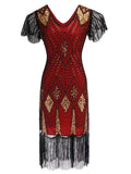 Gold Red 1920s V Neck Sequined Flapper Dress