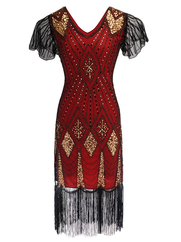 Gold Red 1920s V Neck Sequined Flapper Dress