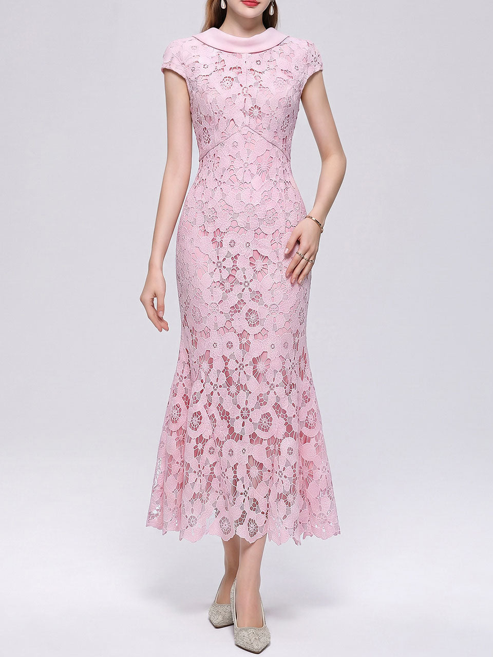 Cream Lace Mermaid Cowl Neck Midi Dress for Wedding