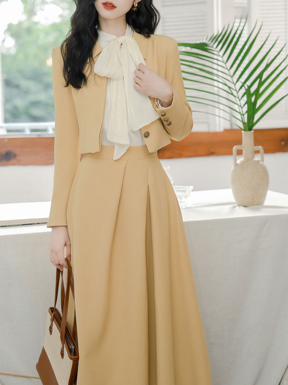 3PS Bowknot Collar Shirt and Yellow 1950S Vintage Coat
