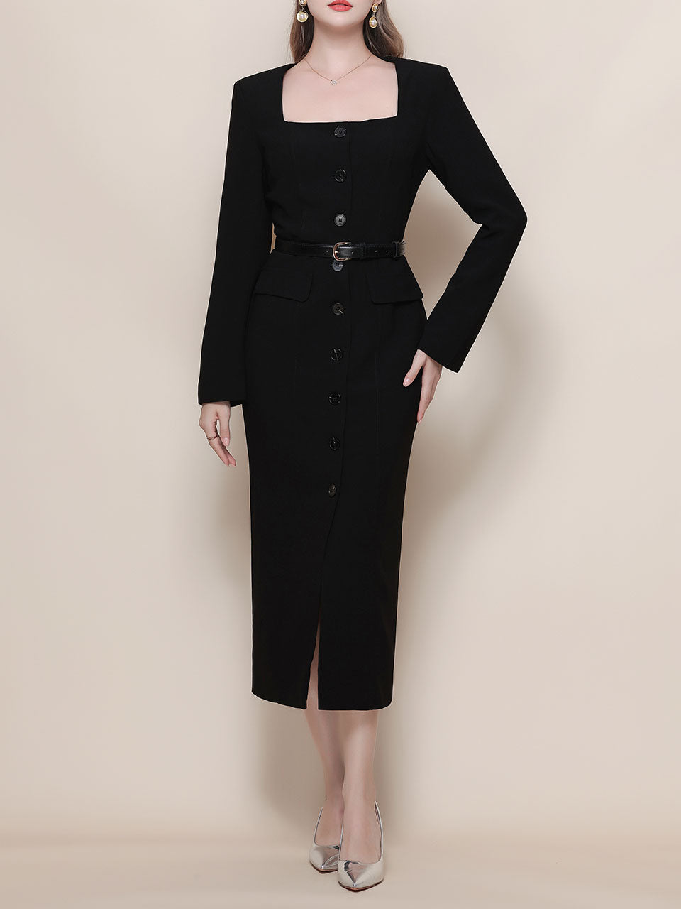 Black Square Collar Long Sleeve Bodycon 1960S Dress