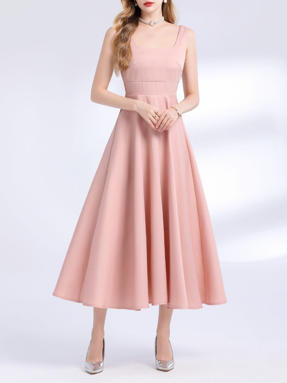 Red Satin V Neck Sleeveless Classic 1950S Vintage Sweet Party Dress