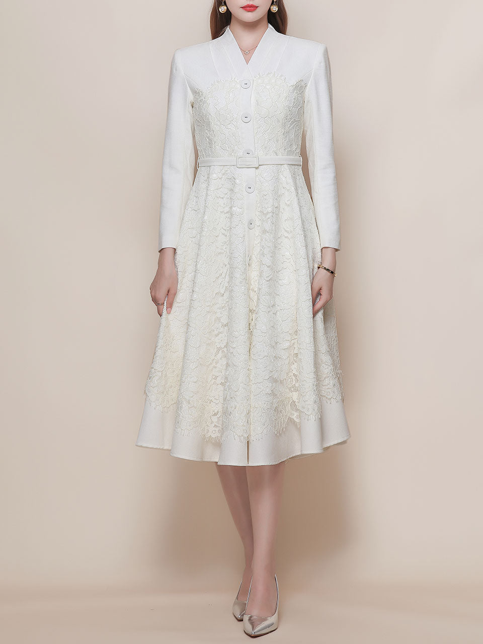 White V Neck Long Sleeve Classic 1950S Vintage Dress