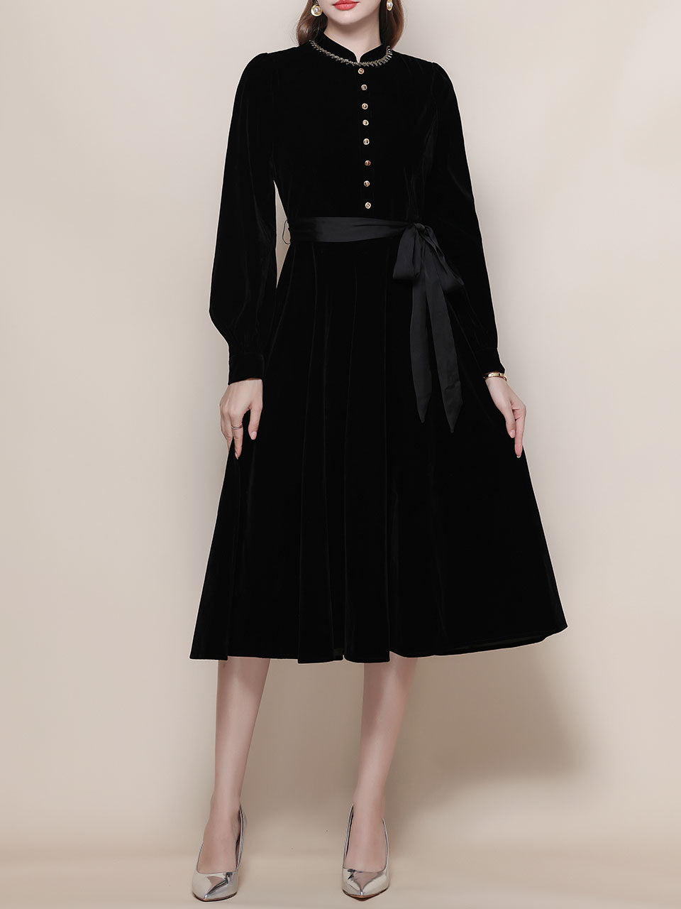 Black Mandarin Collar Velvet Retro Dress