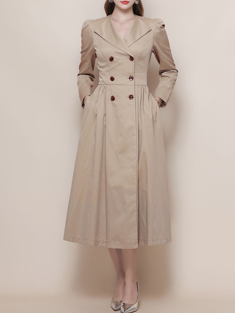 Khaki Vintage Style Double Breasted Trench Dress Coat