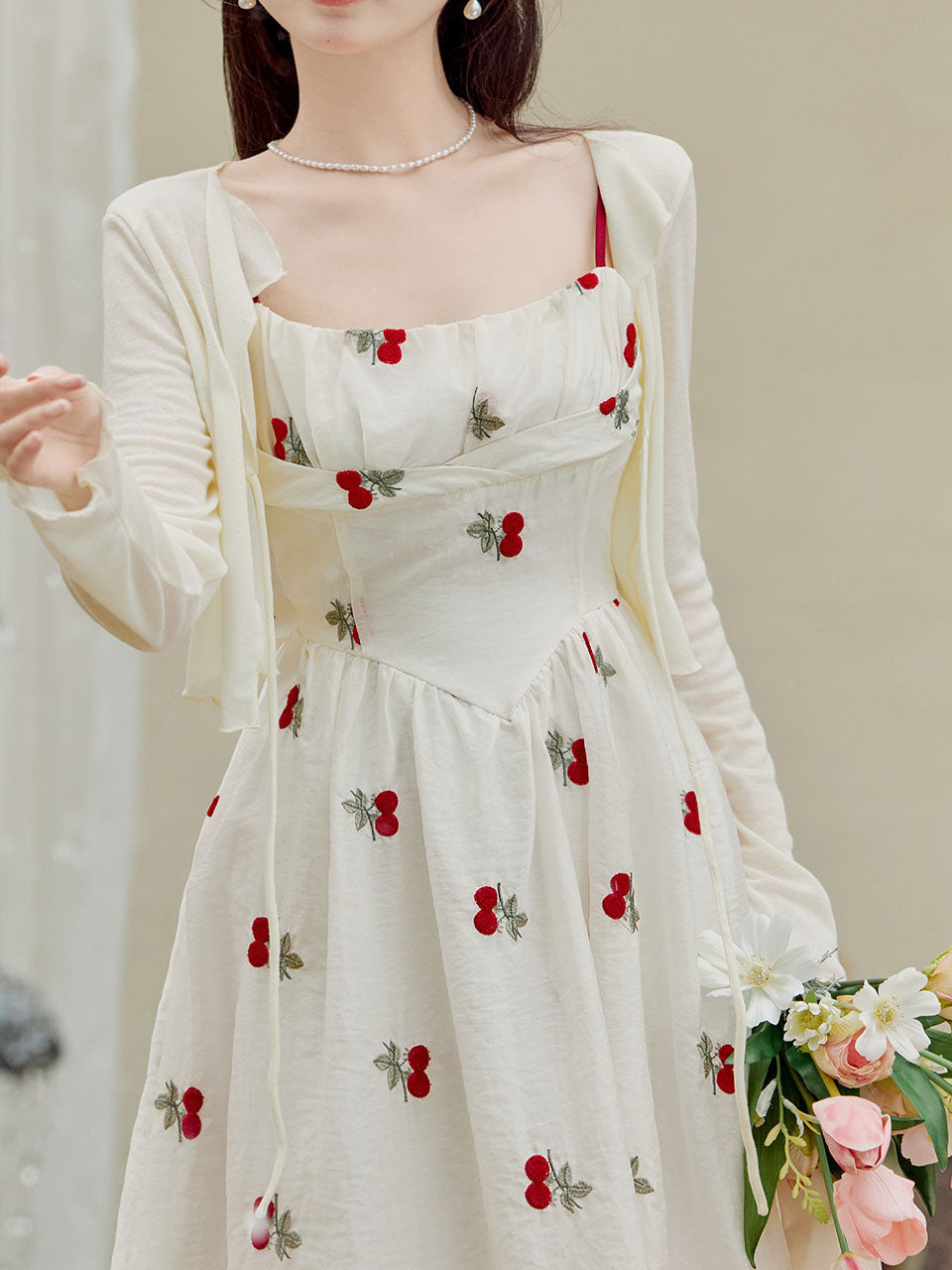 2PS White Cherry Print Spaghetti Strap Dress