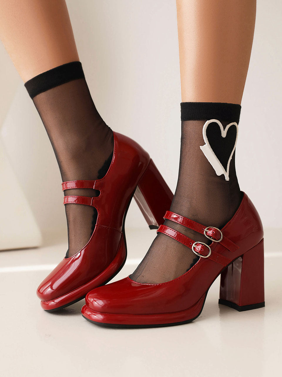 8CM High Heel Wine Red Square-Toe Platform Mary Jane Pump