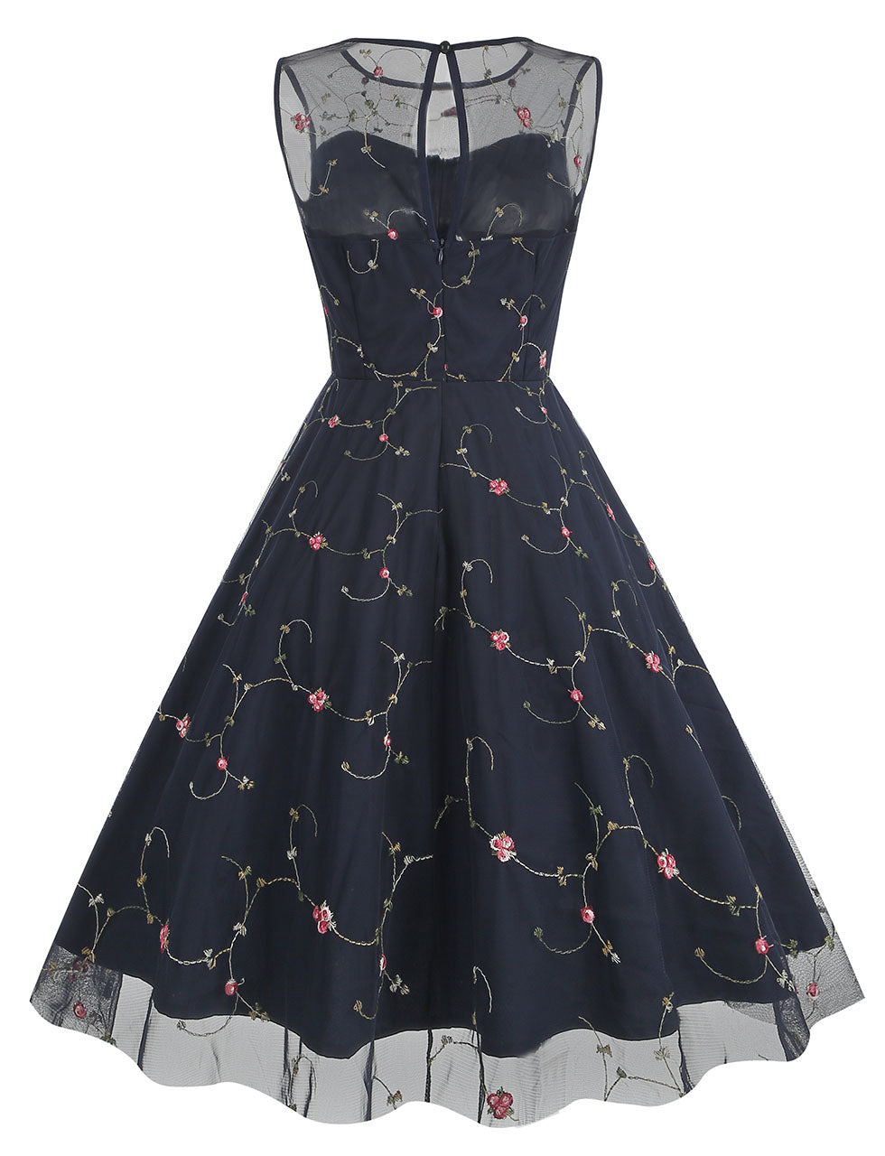 Lake Blue Semi Mesh Flower Embroidered Sleeveless 50S Swing Dress
