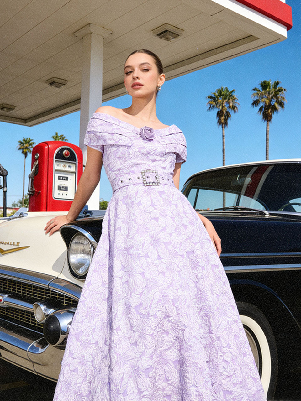 Lavender 3D Rose Vintage Pleated V-Neck Swing Dress