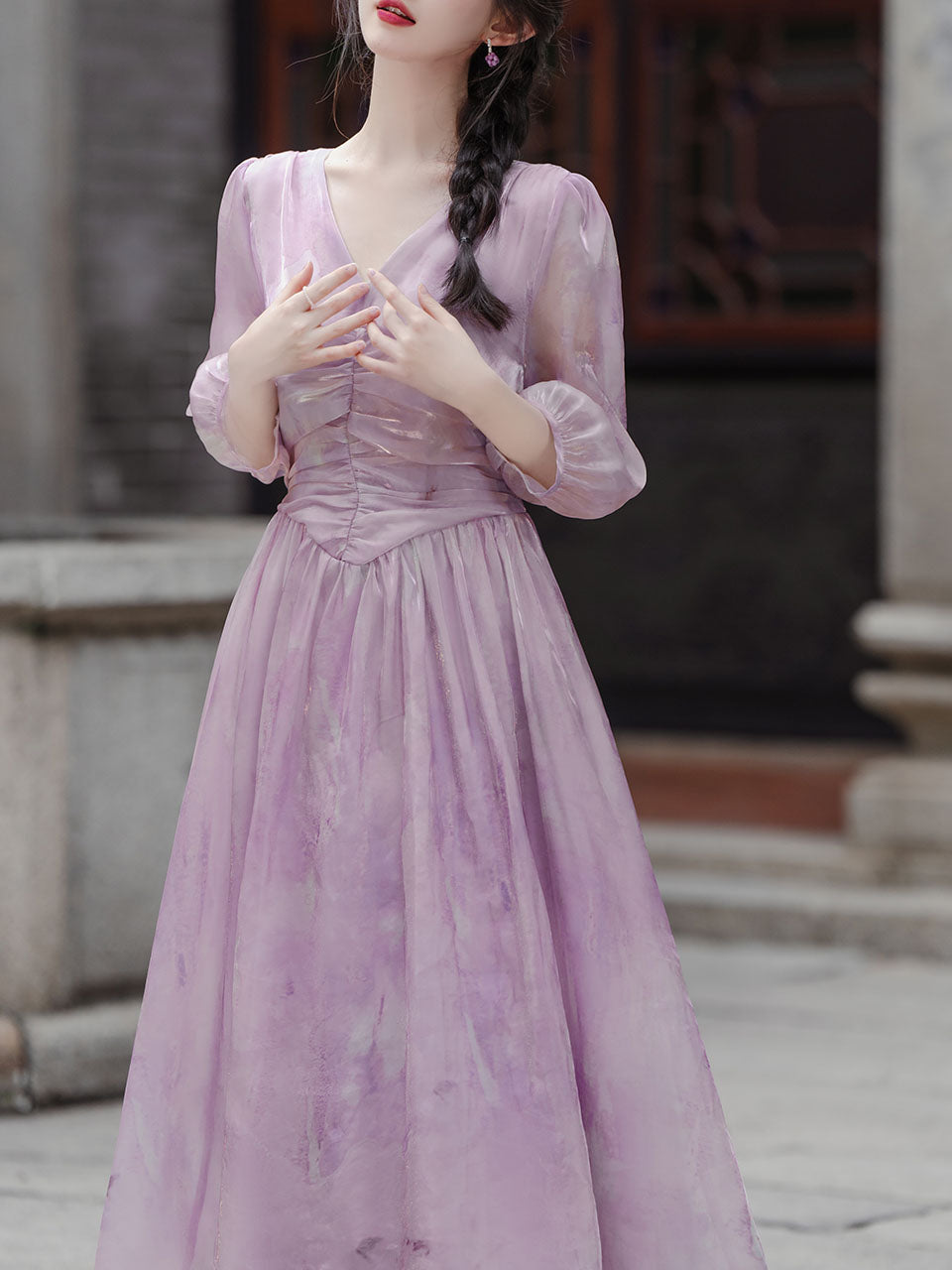 2PS Purple V-neck Organza Flowing Swing Dress
