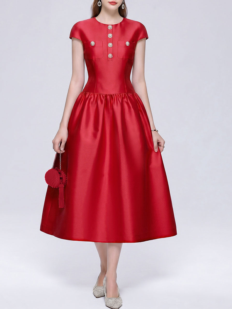 Fuchsia Satin Cap Sleeve Cocktail Midi Dress