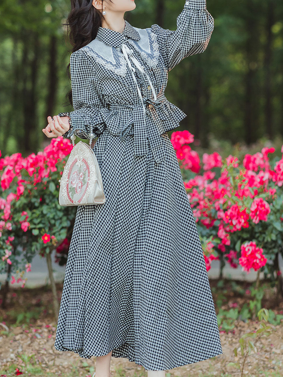 2PS 1950S Plaid Long Sleeve Shirt And Swing Skirt Dress Suit