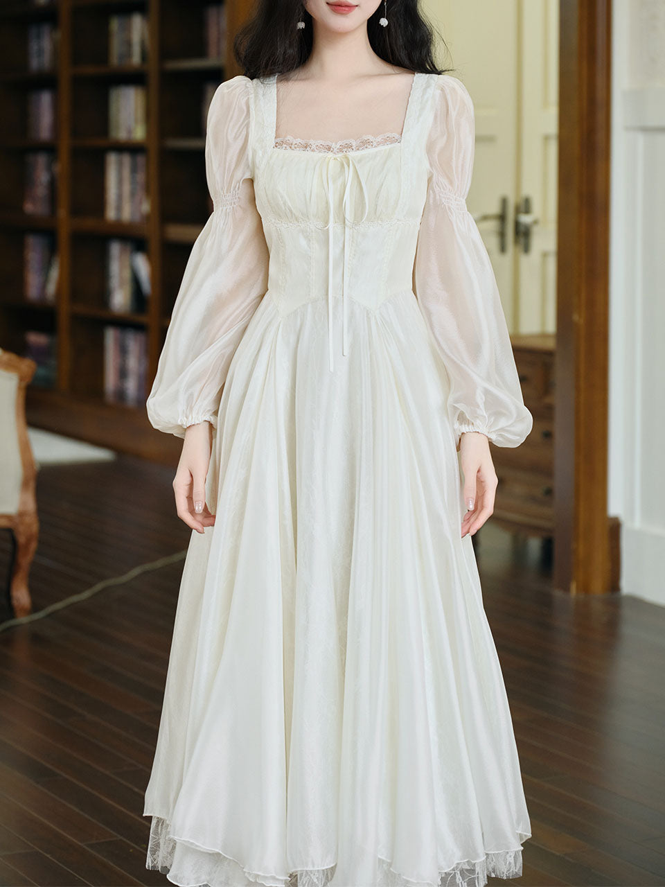 White Lace Square Collar Long Sleeve 1950S Vintage Swing Dress