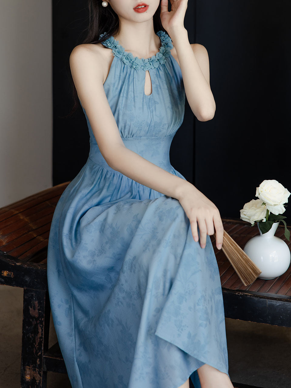 2PS Blue Floral Printed Jacaranda Flower Crew Neck Retro Girdle Dress