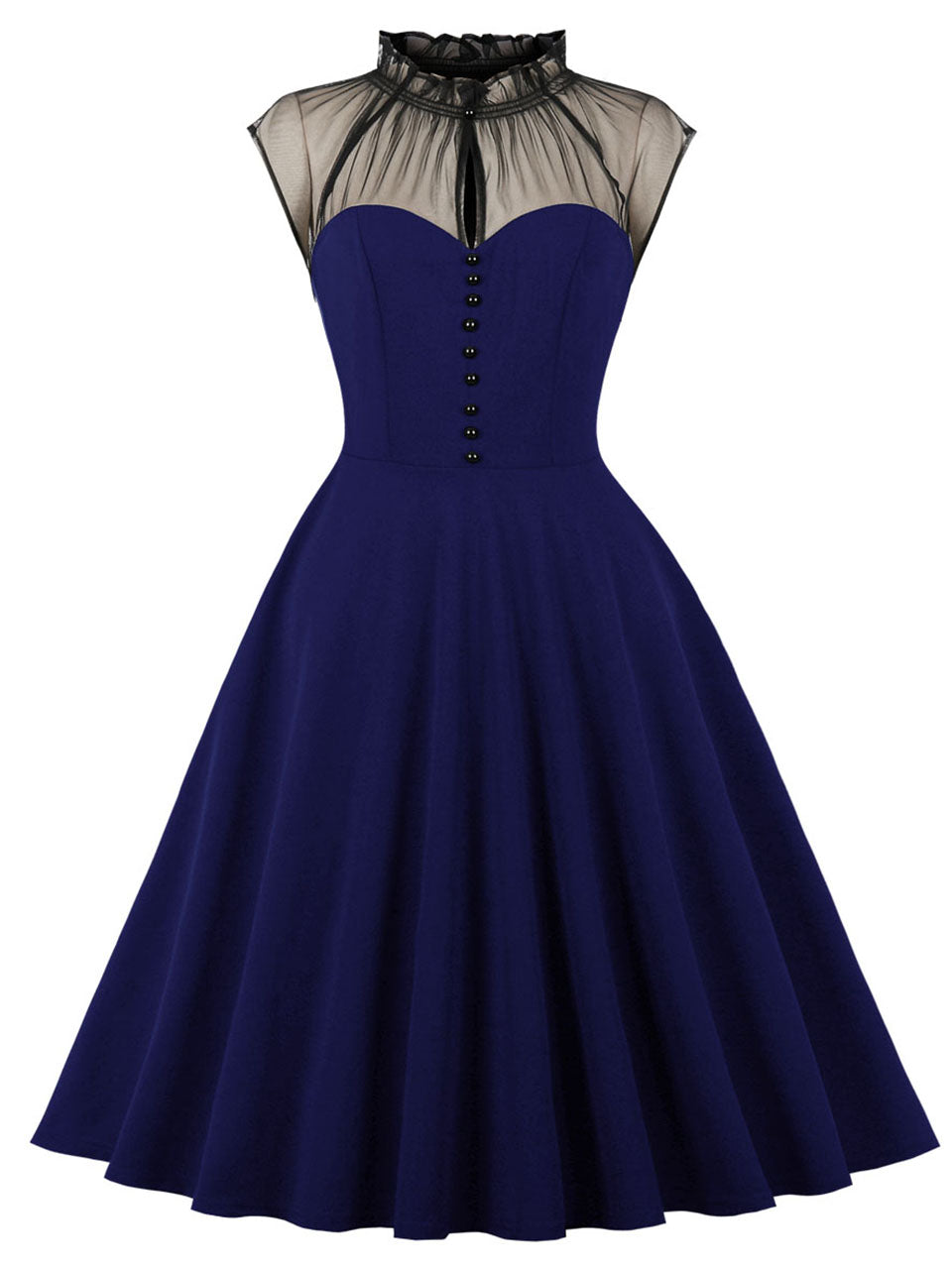 Purple Stand Ruffles Collar Semi-Sheer Sleeveless 1950S Vintage Dress