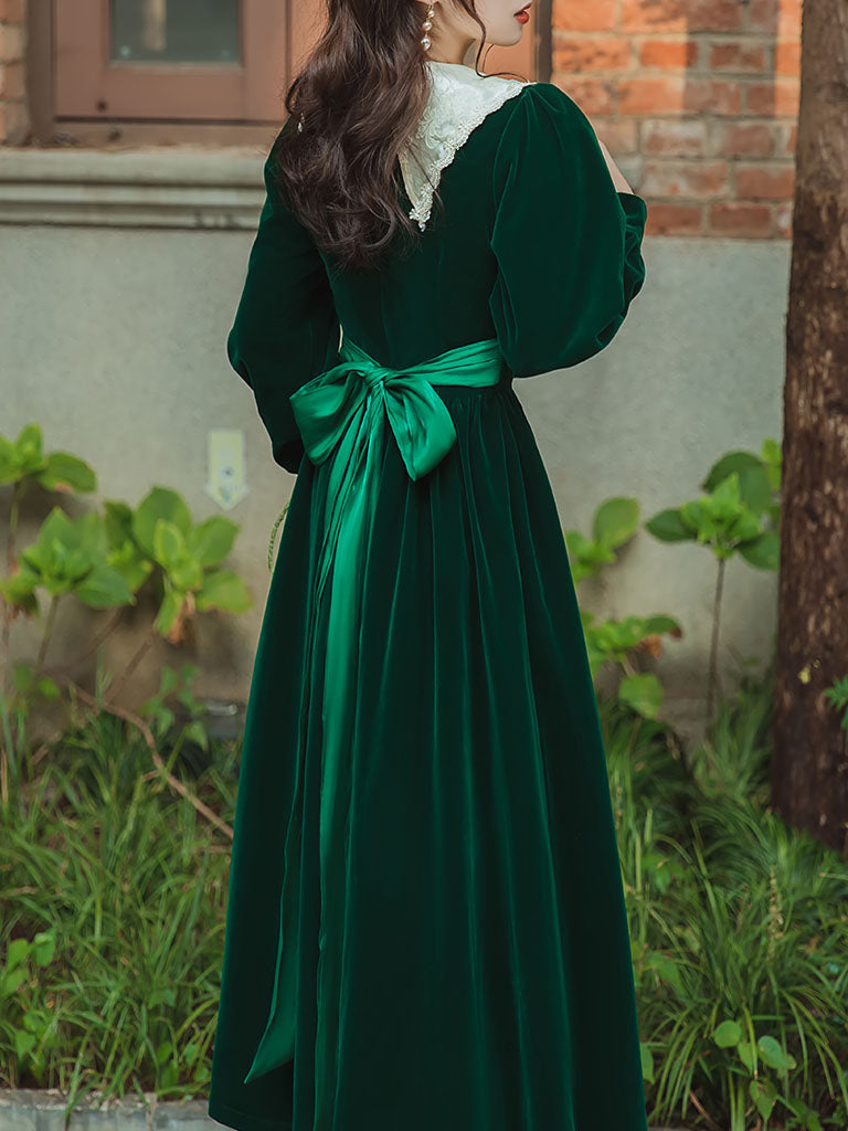 Emerald Green Flower Lace Velvet Long Sleeve Vintage Dress
