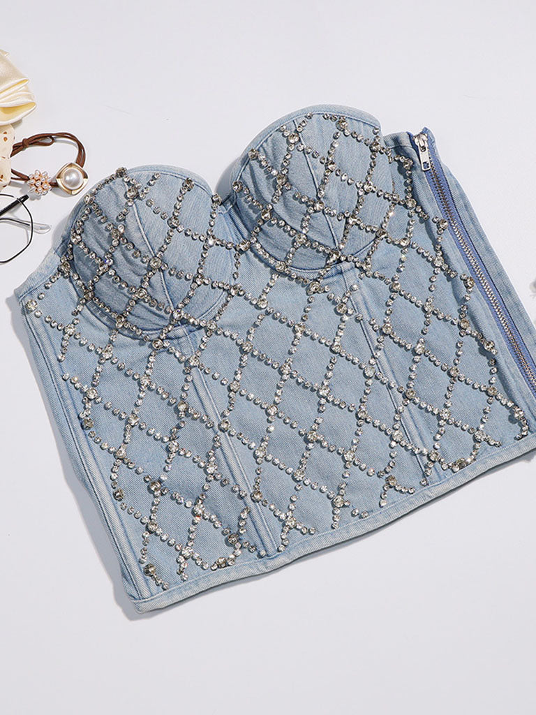 Denim Handmade Rhinestones Corset Camisole Top
