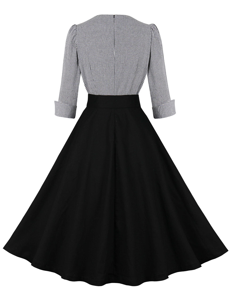 1950s Black V Neck Plaid 3/4 Sleeve Vintage Swing Dress