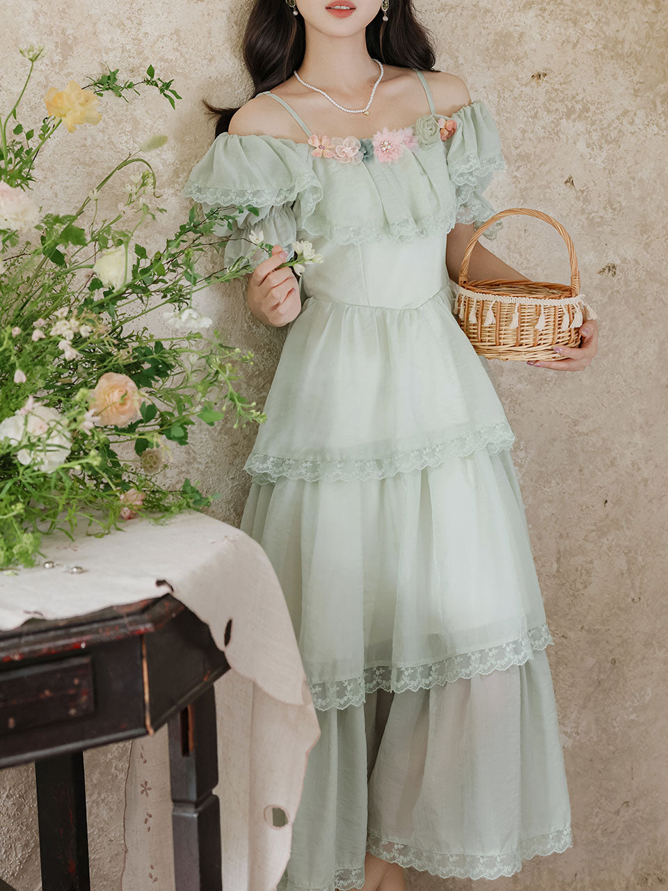 Light Green Off Shoulder Chiffon Tiered Maxi Dress