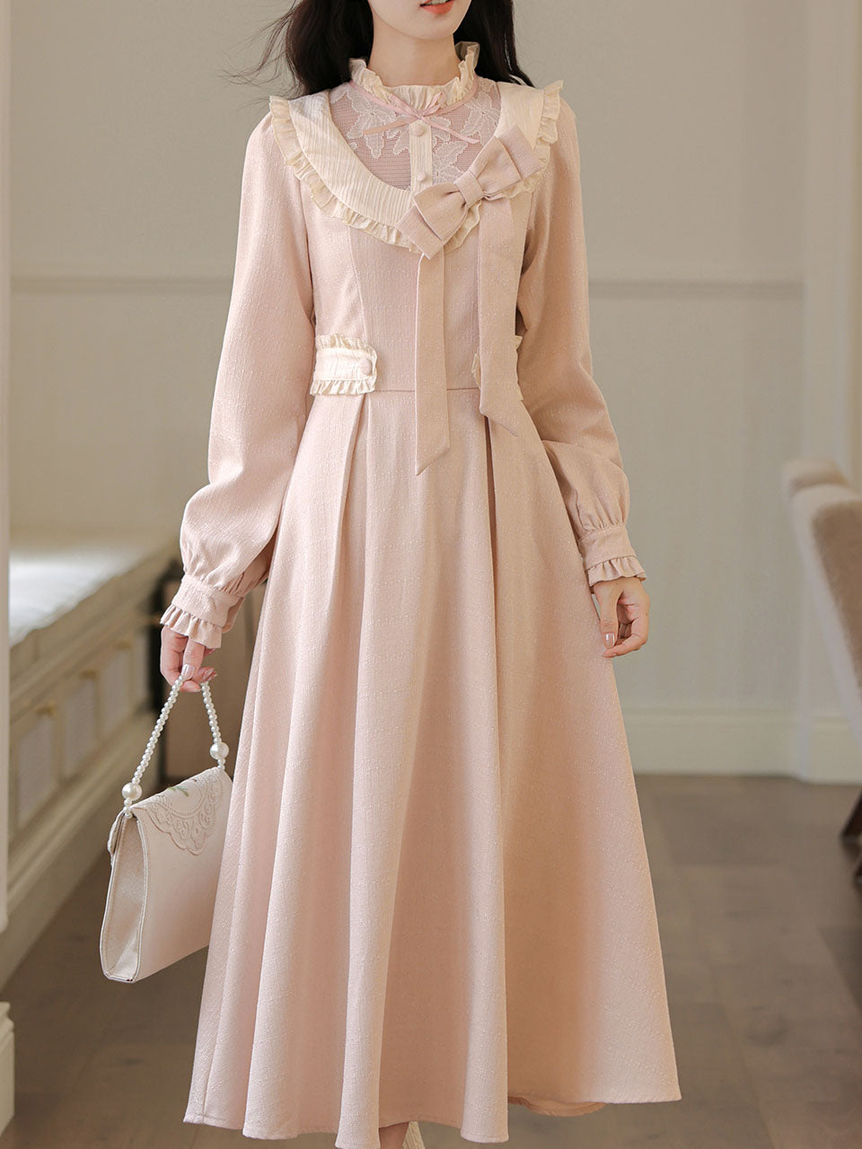 Vintage Pink Bow Long Sleeve Swing Dress