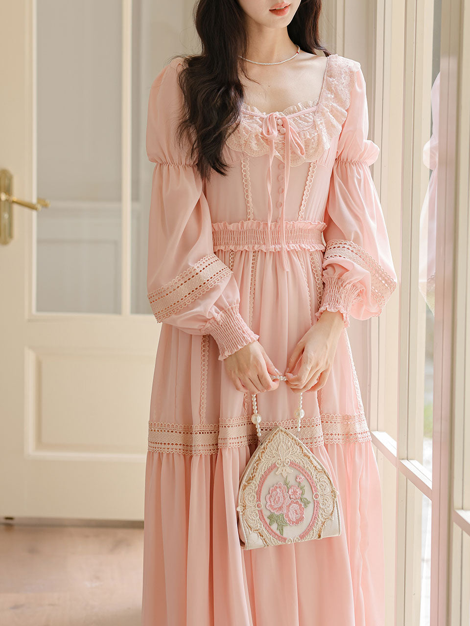 Pink Lace Long Sleeve Victorian Square Neck Vintage Dress