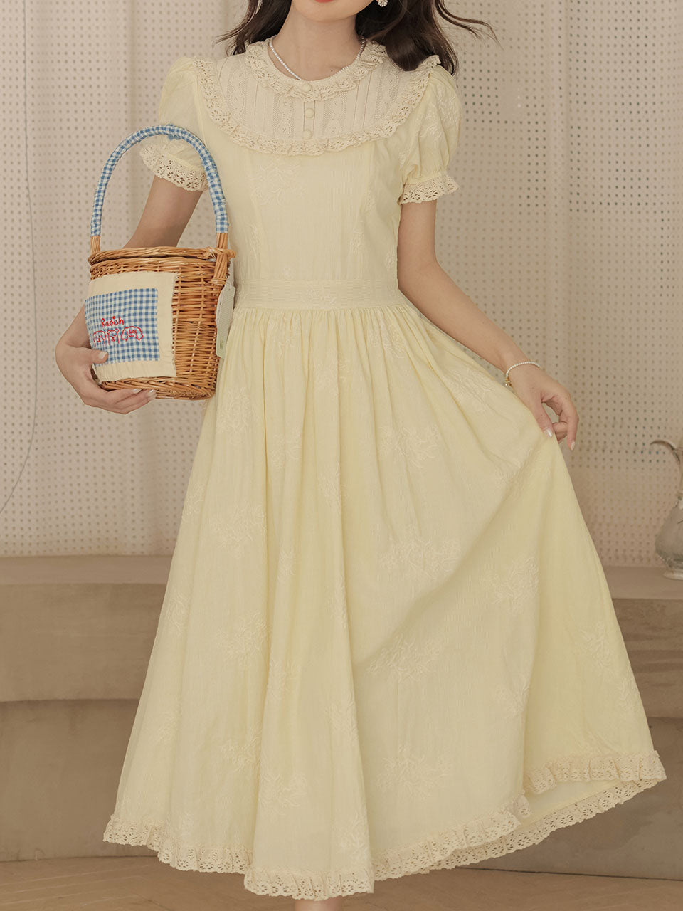 Retro Yellow Puff-Sleeve Dress