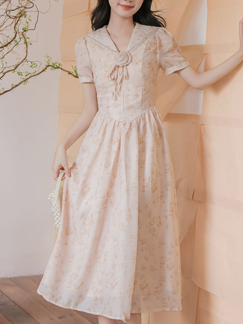 Apricot Sailor Collar Handmade Rosettes Vintage Dress