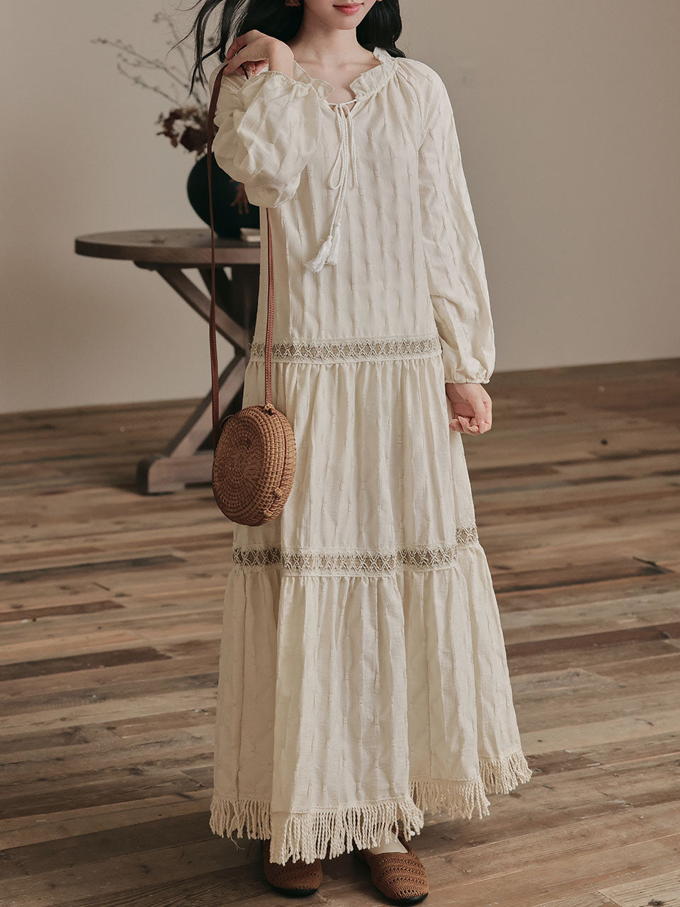 Bohemian White Embroidered Cotton Tassel Hem Maxi Dress