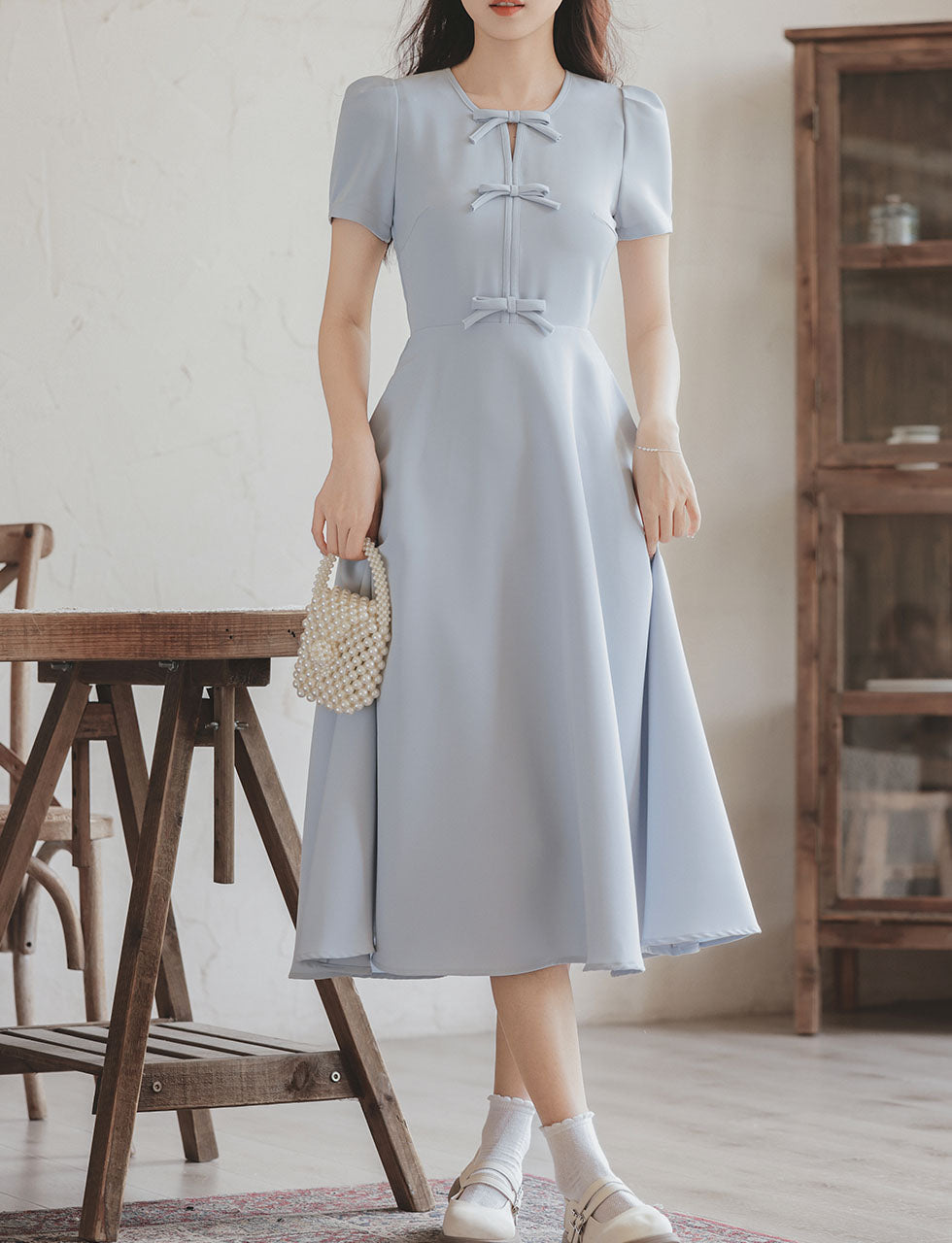 Light Blue Bow Collar 1950S Vintage Dress