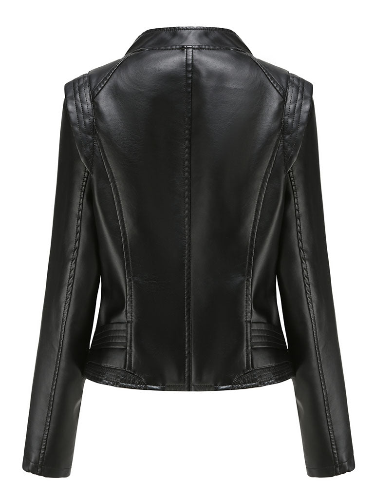 Navy Long Sleeve PU Leather Motorcycle Jacket