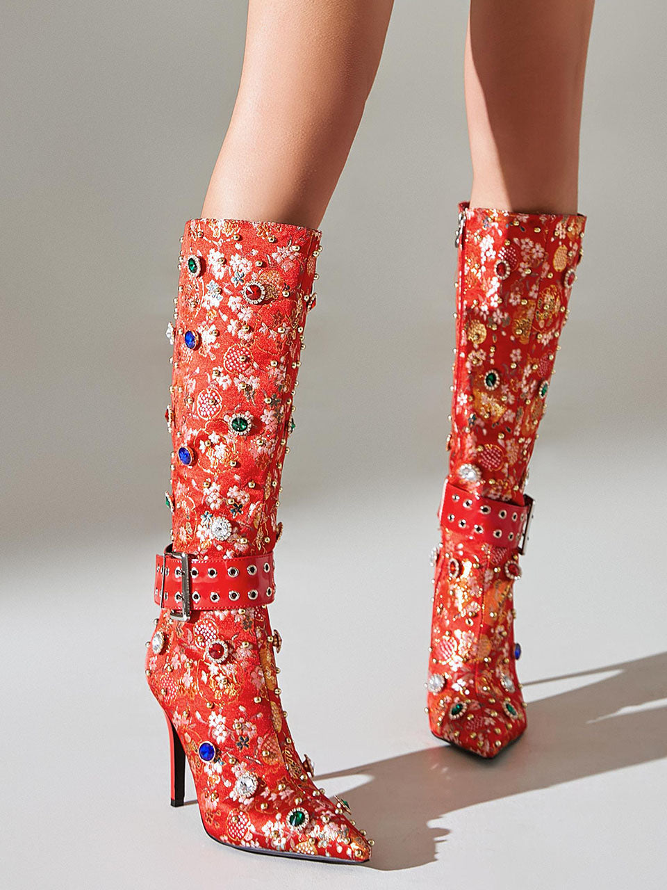10CM Red Luxury Embroidered Stiletto Heel Boots Vintage Shoes