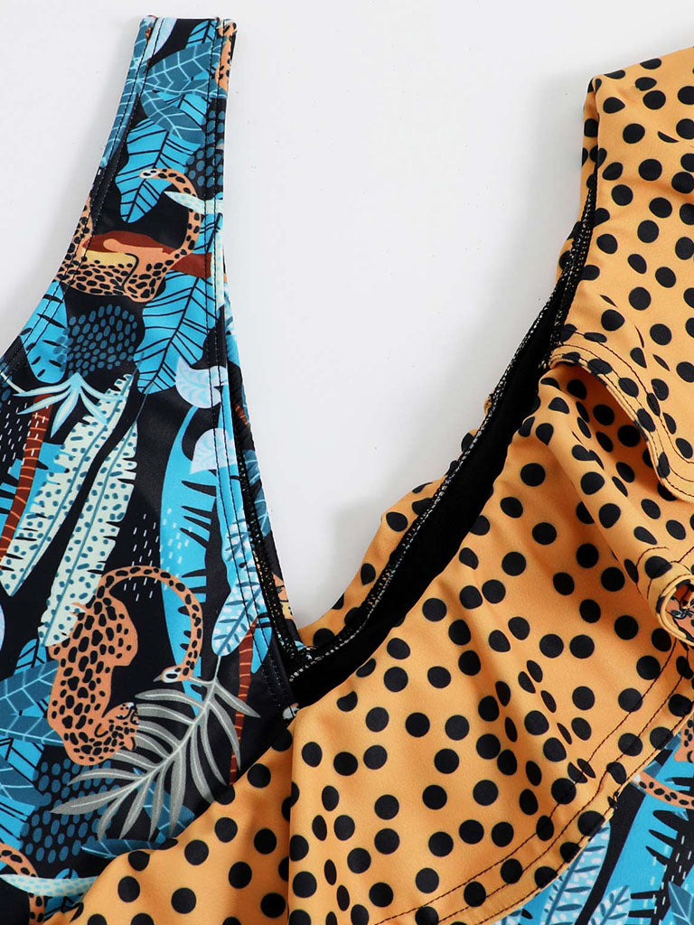 Blue Leopard Print V Neck One Piece
