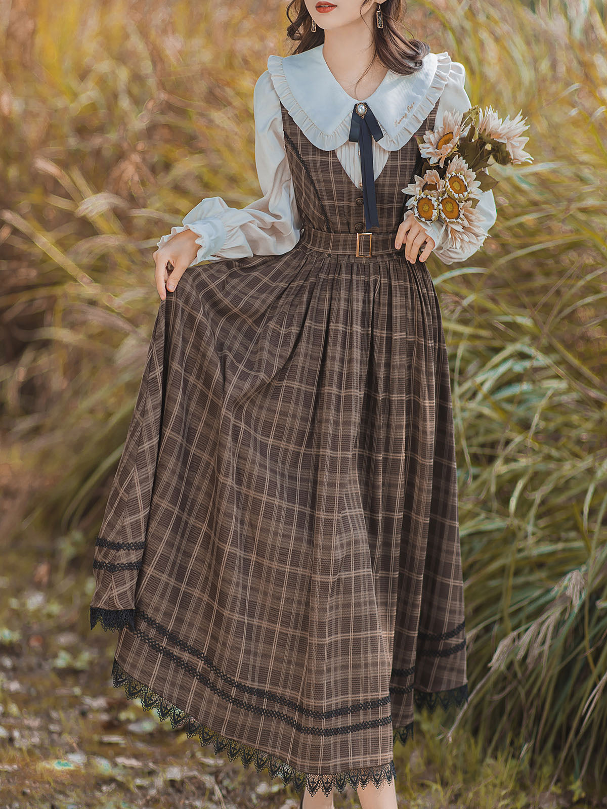2PS 1950S Regina Peter Pan Collar Long Sleeve Shirt And Plaid Lace Sundress Dress Suit