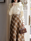 2PS White Bow Warm Sweater And Brown Plaid A-line Skirt