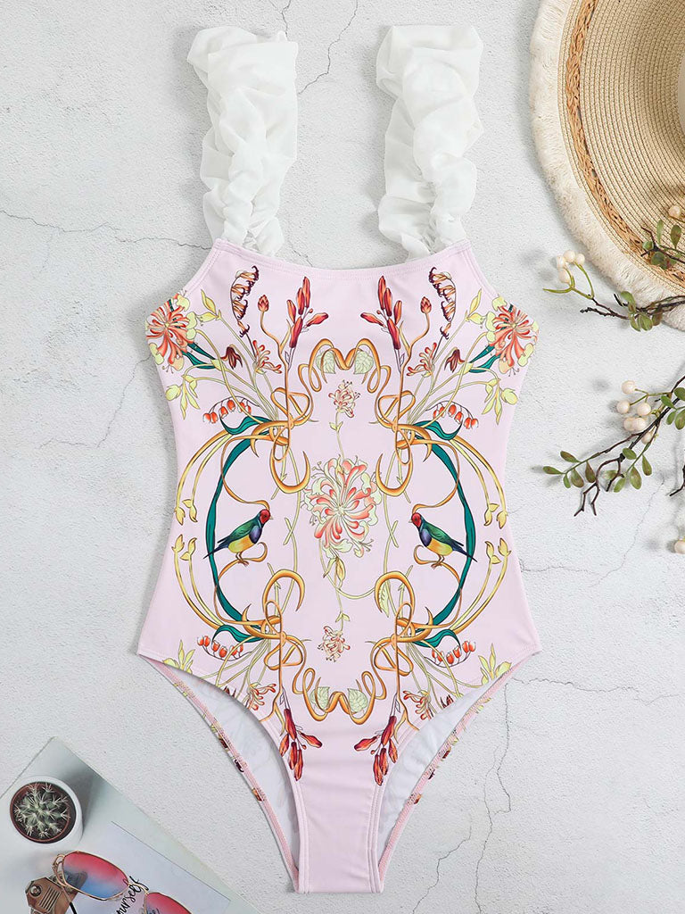 Pink Floral Print Flower Strap One Piece