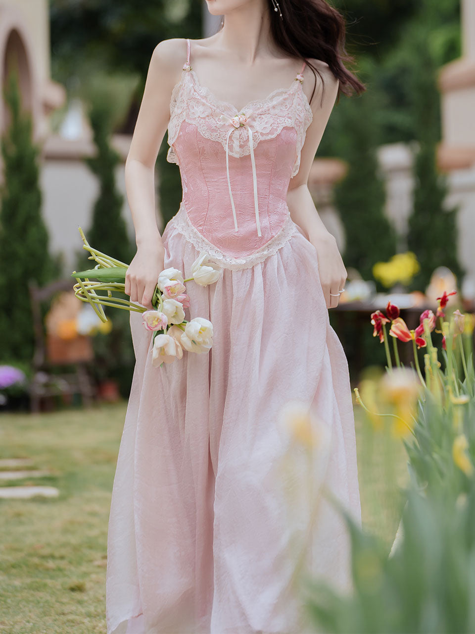 2PS Pink Lace Spaghetti Strap 1950S Swing Victoria's Fairy Dress