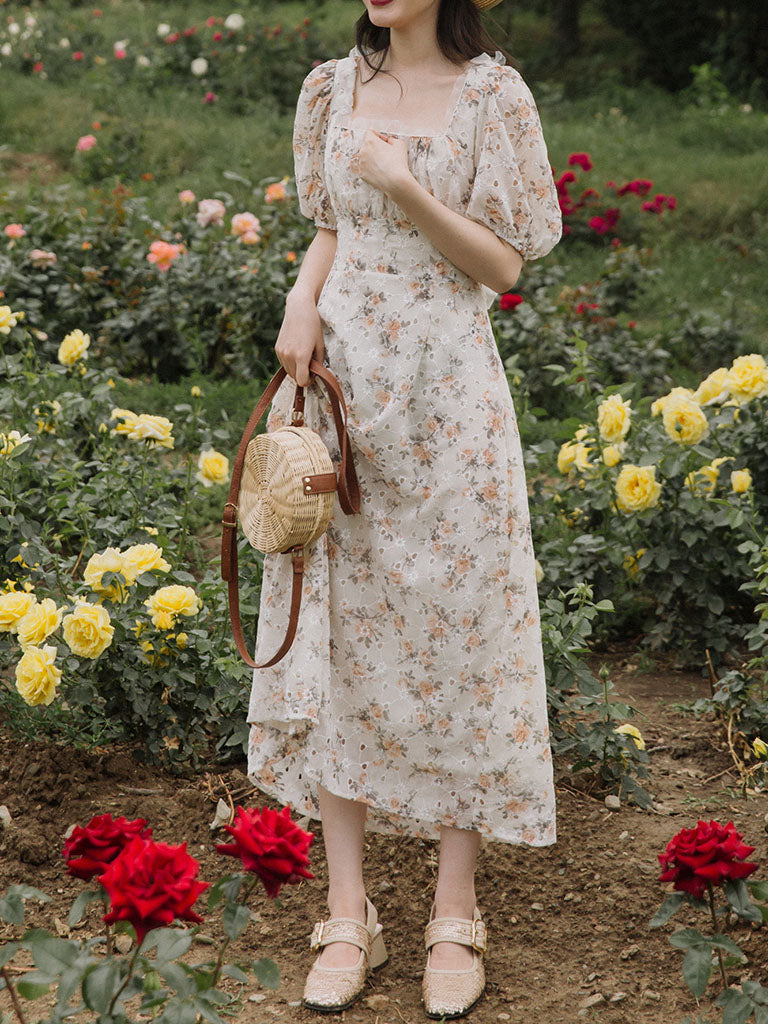 Floral Embroidered Lace Puffed Sleeve Chiffion Vintage Dress