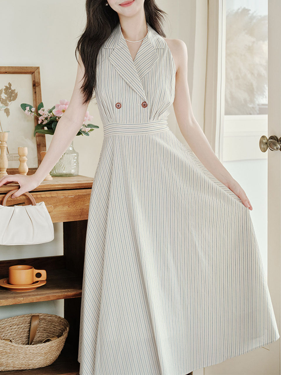 White V Neck Vertical Striped Vintage Dress