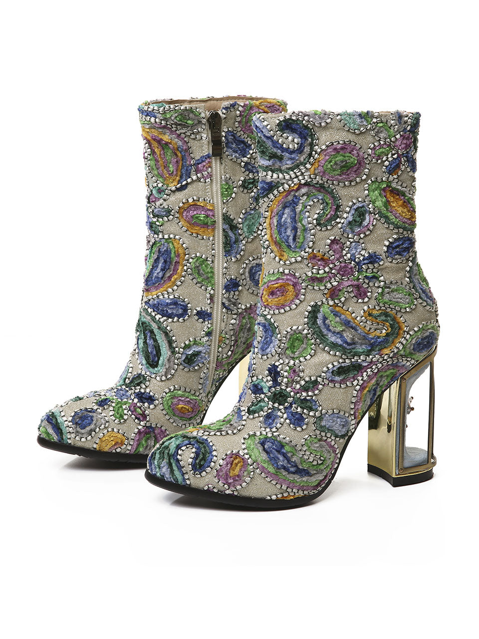 10CM Luxury Embroidered Chunky High Heel Platform Bootie Vintage Shoes
