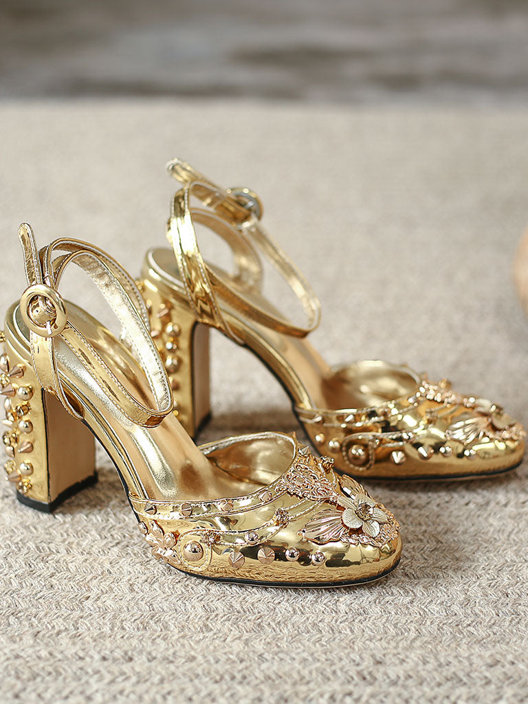 Luxurious Rivet Chunky Heel Sandals Vintage Shoes