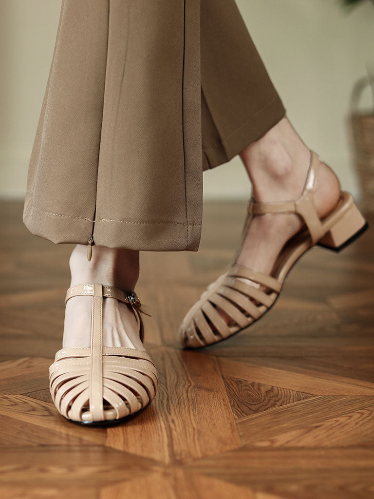Flats Sandals Pointed Toe Hollow Belt Leather Vintage Shoes